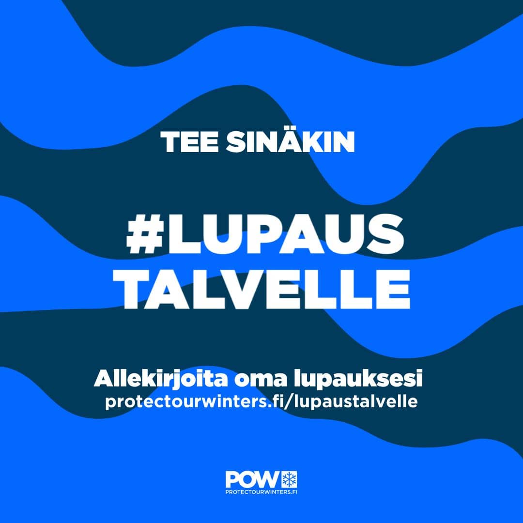 Vihreällä pohjalla #Lupaus Talvelle teksti, ja Lupaus talvelle -kampnjan tunnus, lumeen piirretty nimikirjoitus. Lupaus talvelle kampanja kannustaa äänestämään talven puolesta